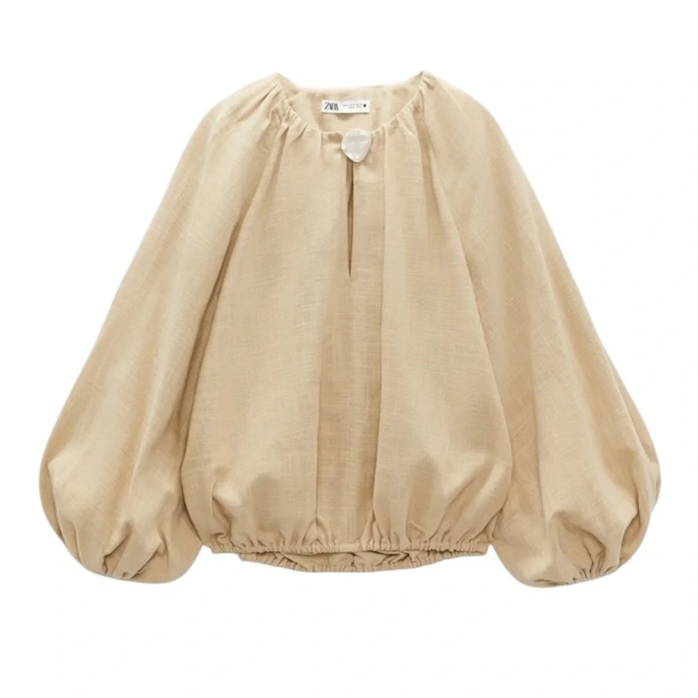 LN Zara Beige Shell Button Puff Sleeve Blouson Balloon Cropped Top Blouse - M